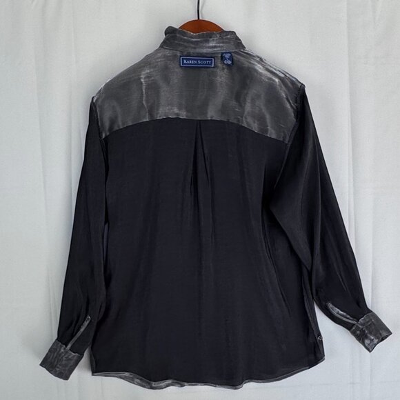 90s Vintage Karen Scott Liquid Dark Silver Long Sleeve Button Up Evening Blouse - Picture 9 of 14